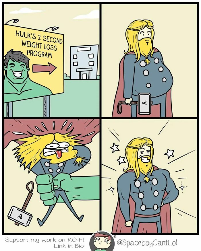 Comic by SpaceboyCantLOL showing Thor using Hulk's quick weight loss program with an unexpected and darkly humorous twist.