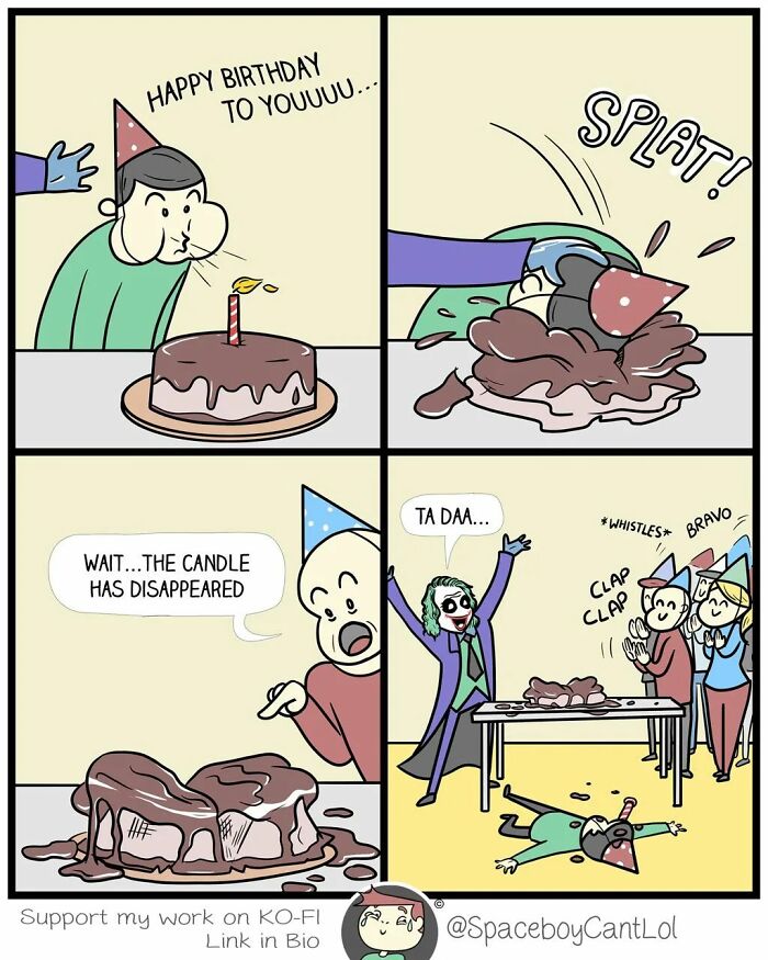 Comic panel shows a birthday prank with a smashed cake and unexpected dark ending in a hilarious comic by SpaceboyCantLOL.
