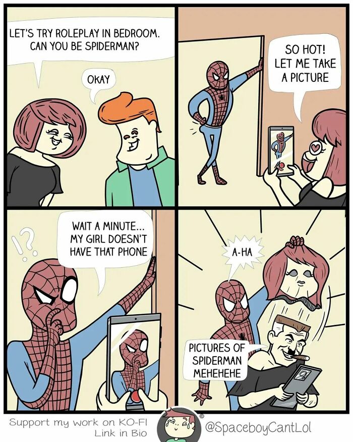 Comic strip showing a humorous and unexpected dark ending featuring Spiderman roleplay by SpaceboyCantLOL.