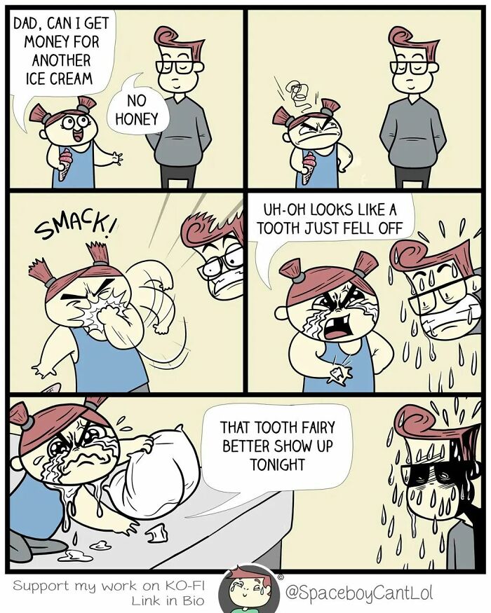 Comic strip featuring a girl and her dad, with a darkly humorous twist about a lost tooth and the tooth fairy.