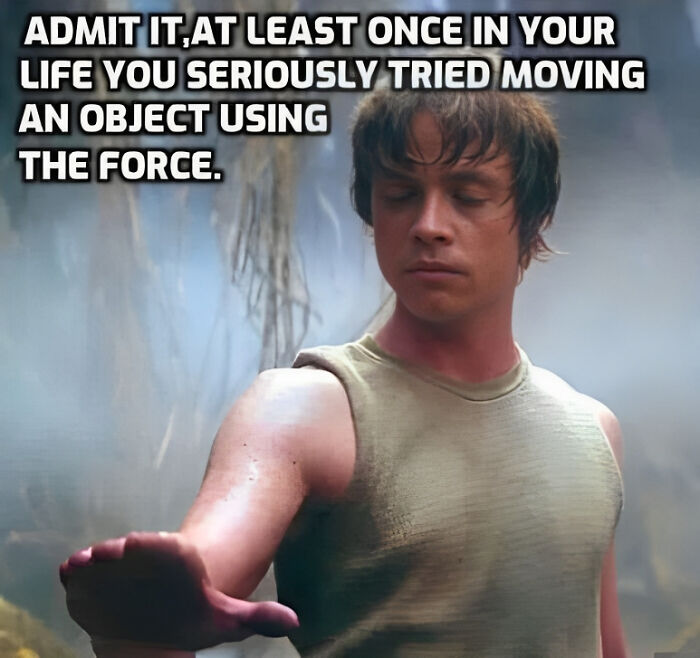 Funny meme of a person playfully attempting to use the Force to move an object.