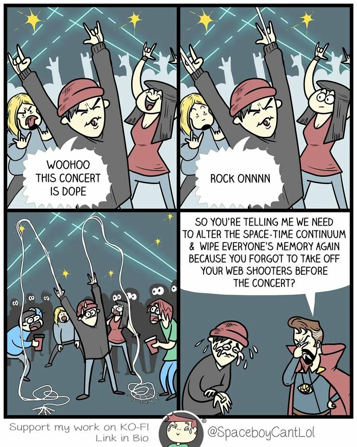 Comic panels showing a concert scene with fans enjoying and a surprising dark twist involving web shooters and altered memories.