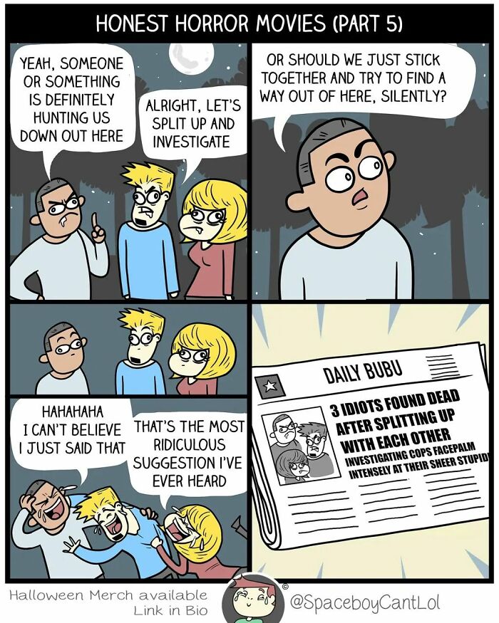 Comic strip by SpaceboyCantLOL showing a darkly hilarious horror movie scene with unexpected comic endings.