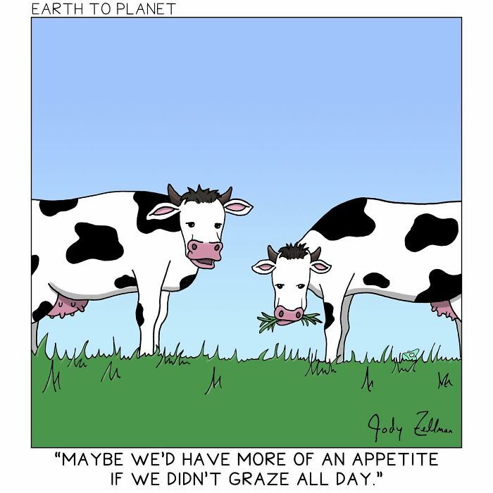 A comic about two cows grazing grass all day