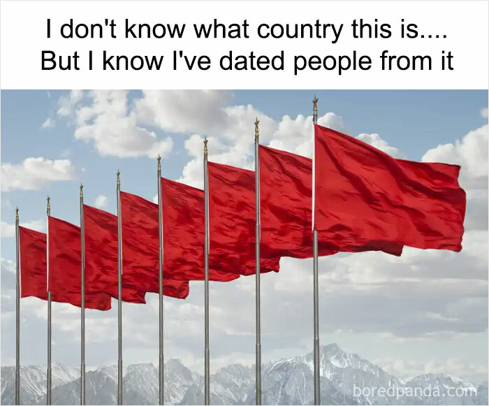 Series of red flags below humorous text; weird memes theme.