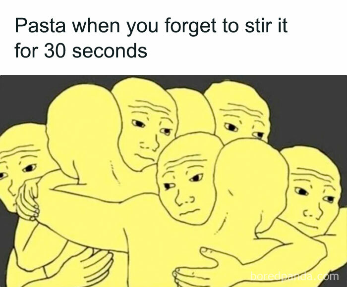 Comic of cartoon faces hugging, captioned "Pasta when you forget to stir it for 30 seconds," illustrating funny memes.