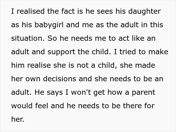 Text passage about a woman explaining her struggle with her husband over supporting their daughter as an adult. Text passage about a woman explaining her struggle with her husband over supporting their daughter as an adult.