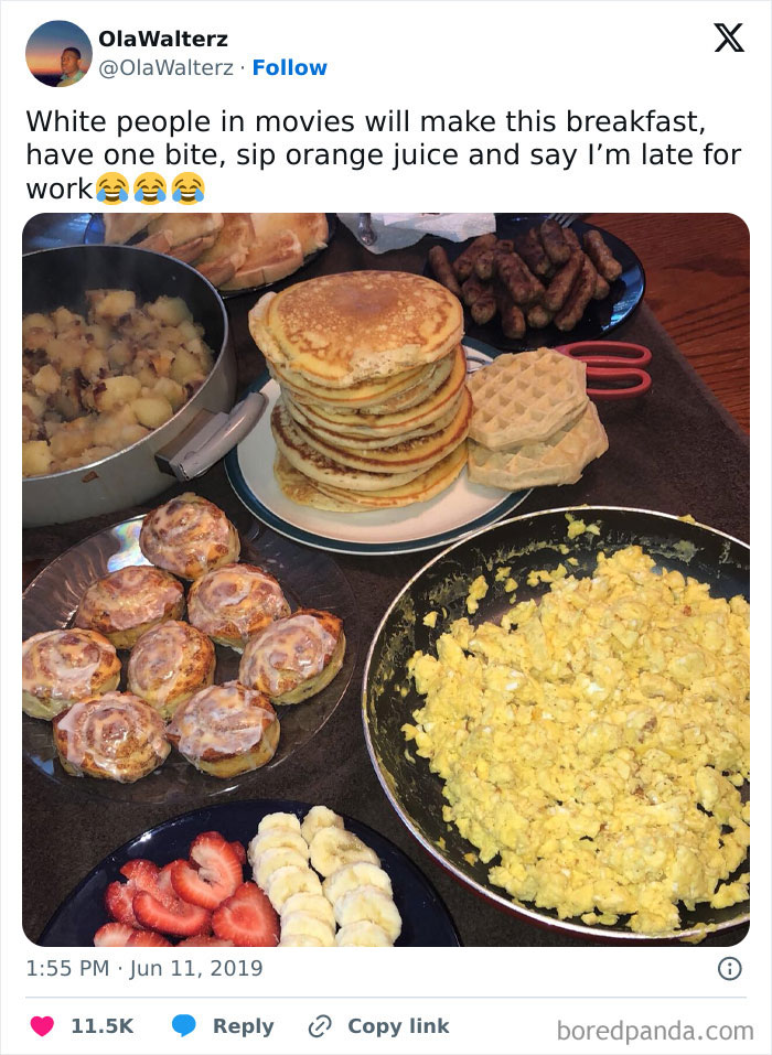 Plate of pancakes, waffles, scrambled eggs, and fruit in a humorous setup highlighting weird memes.