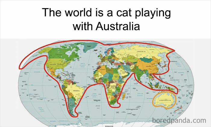 World map with red outline resembling a cat playing with Australia, illustrating a weird meme concept.