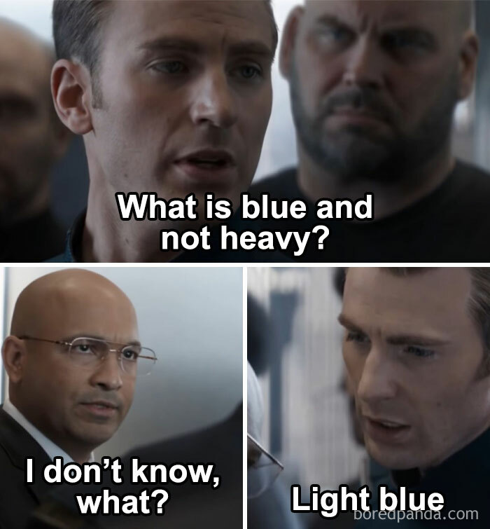 Funny meme with a joke: "What is blue and not heavy?" Answer: "Light blue."