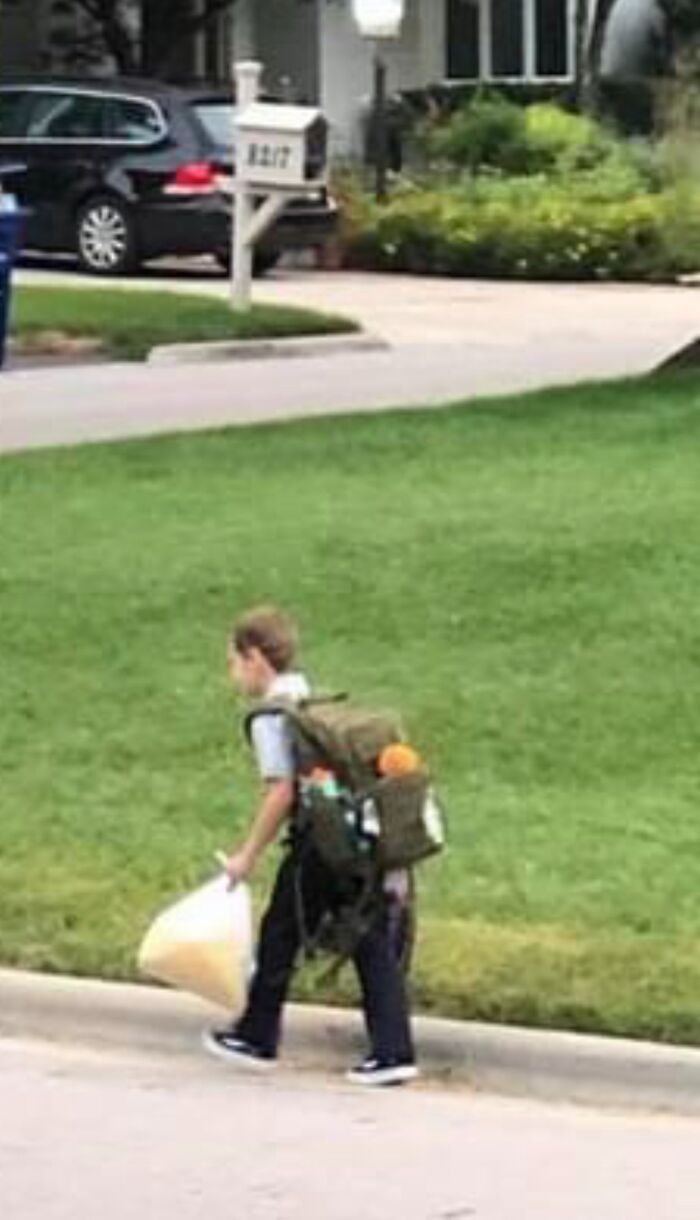 Giant Backpack—8-Year-Old Grandson Insisted On Getting His Backpack From The Camping Department Because “In First Grade You Need A Lot Of Pockets. He Could Barely Lift It