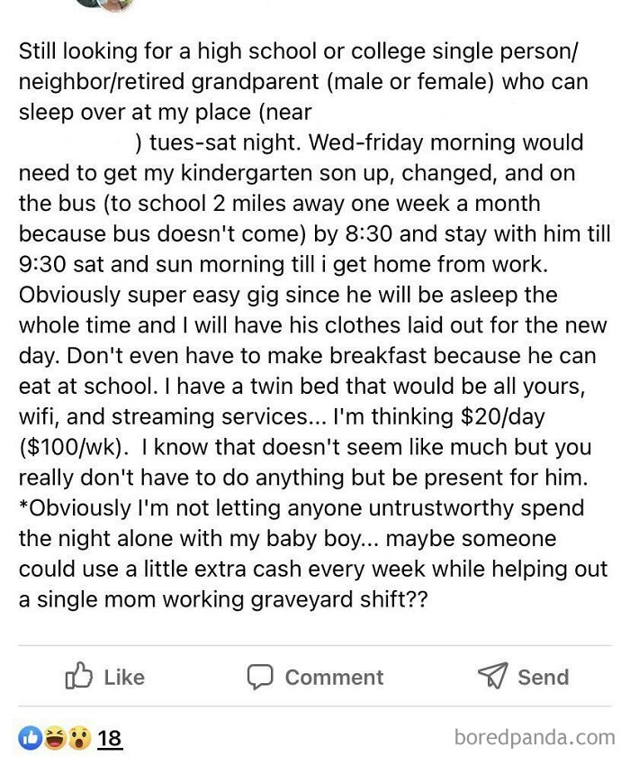 Local Fb Group Mom Wants To Pay $100 A Week For Babysitting Overnight And Getting Child To School