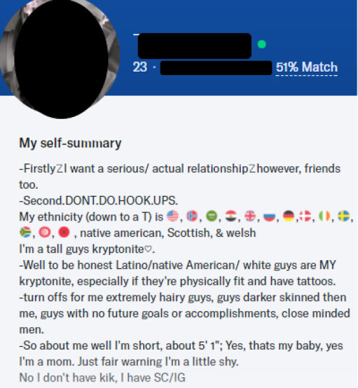 Racist 23 Y/O Single Mom Iso: Tall, Fit, Hairless, Successful, Light-Skinned, Open-Minded, And Tattooed Prince Charming