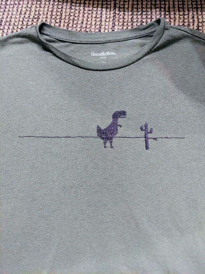 Embroidered A Little Throwback Dino To Cover A BBQ Sauce Stain