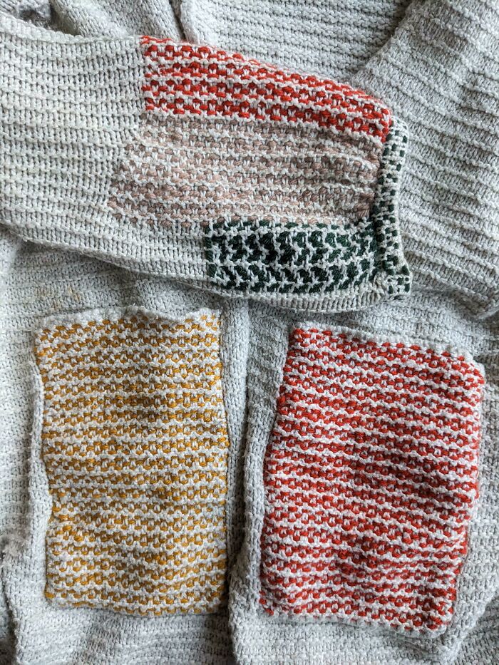 I'm In The Process Of Reinforcing A Worn Out Old Sweater. Eventually The Entire Thing Will Be Patched Up But I'm Pretty Pleased With The Results So Far!