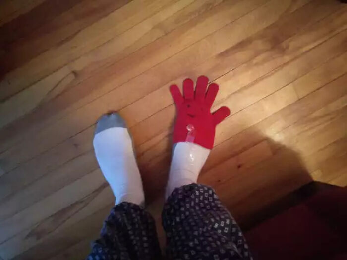 My Sock Had A Hole In It. My Six Year Old Removed It From My Foot And Mended It. I Think I'll Keep It This Way