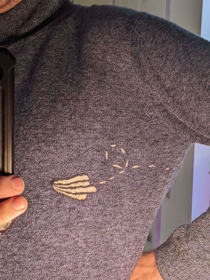 Pulled A Sweater Out Of Storage And Noticed A Big Hole On The Front. This Is My First Time With Visible Mending!