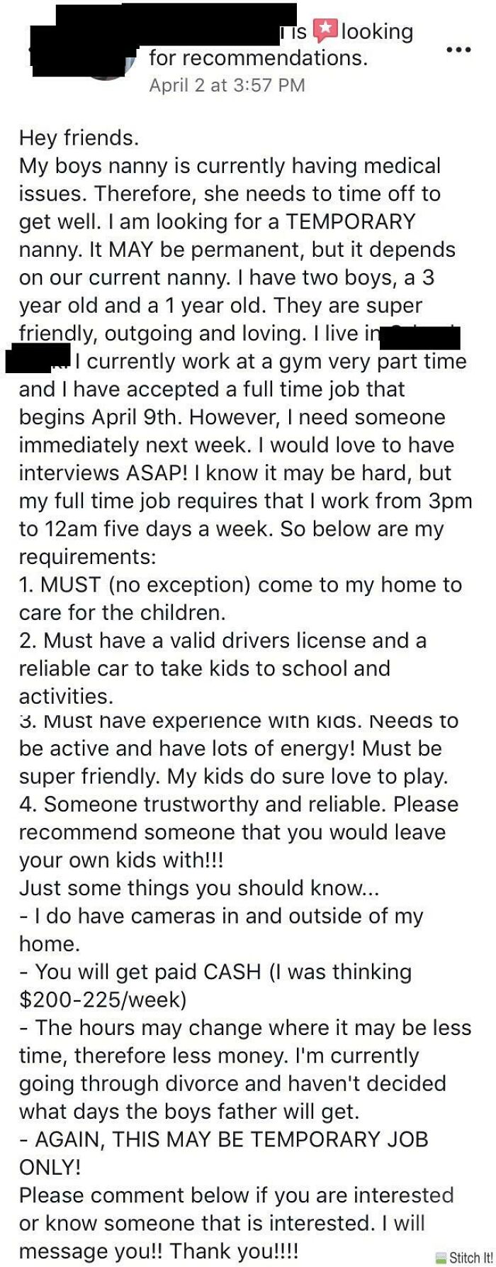 $5 An Hour For A Full Time Babysitter For 2 Little Boys. 45 Hours A Week At $250