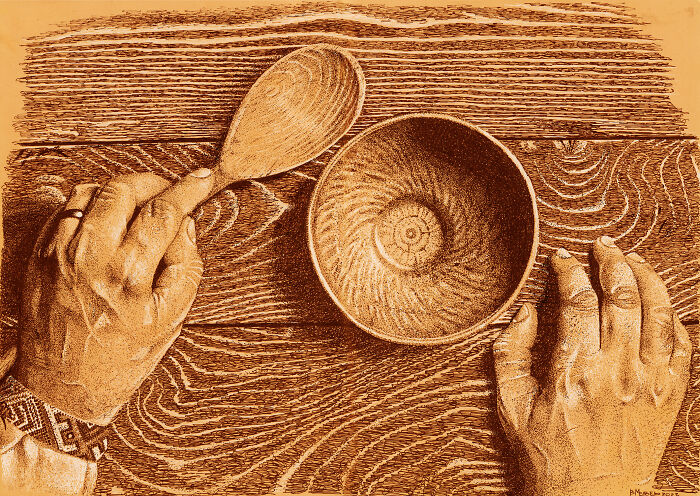 Dot Drawing Of A Bowl And A Spoon