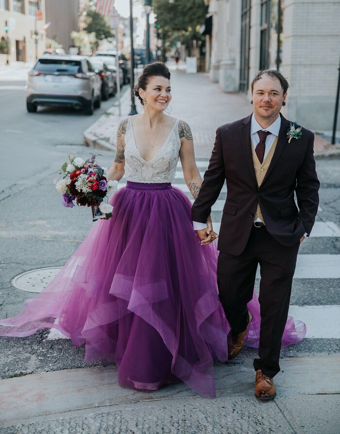 My Totally Non-Traditional Totally Awesome Dress. The Giant Purple Skirt Was Removable For Dancing, Underneath Was A Silk Sheath With Short Mermaid Train
