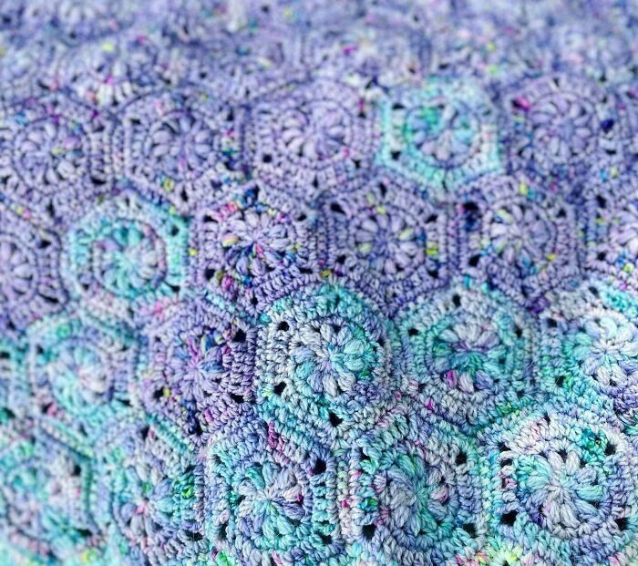 I Need To Post This Where Someone Will Appreciate It! I Finally Finished My Neon-Pastel Blanket Of Over-Ambition! About A Years Worth Of Hexagons Made With 7 Hanks Of Fingering Yarn (A Little Over 3,100 Yards!)