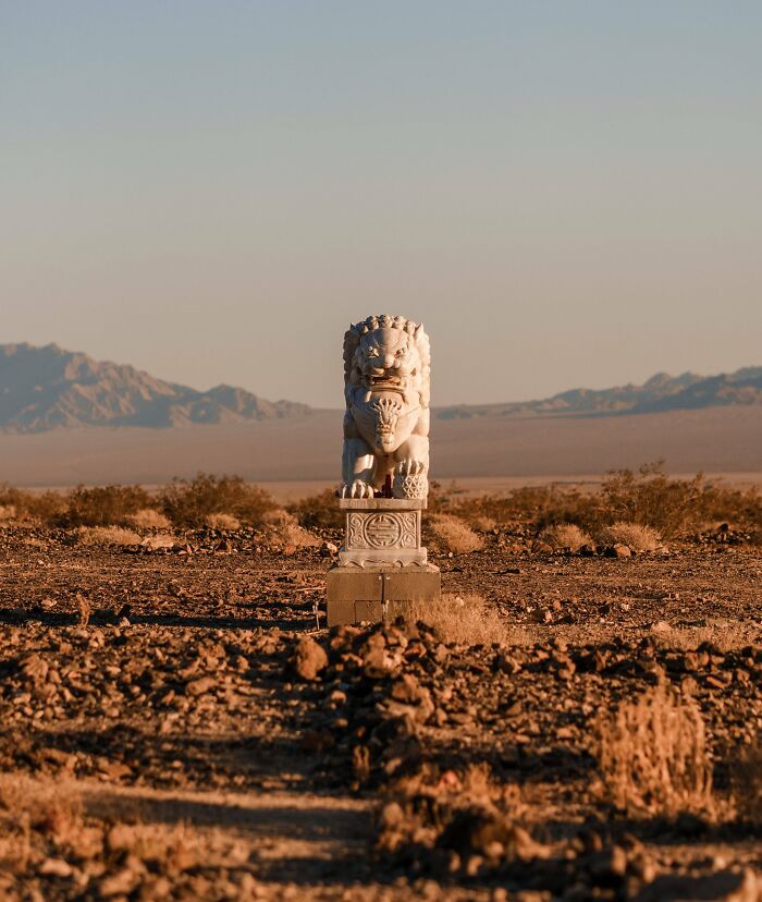Chinese Lion Statue On The Side Of The Road In The Middle Of The Mojave Desert