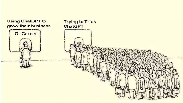 Large crowd trying to trick ChatGPT, while one person utilizes it for growth, humorously depicting AI in the workplace.
