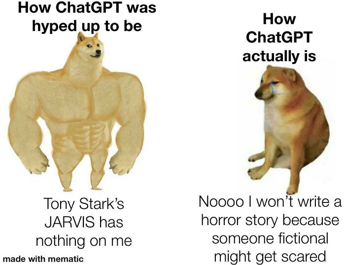 ChatGPT meme comparing expectations vs reality with muscular dog and timid dog version of AI.