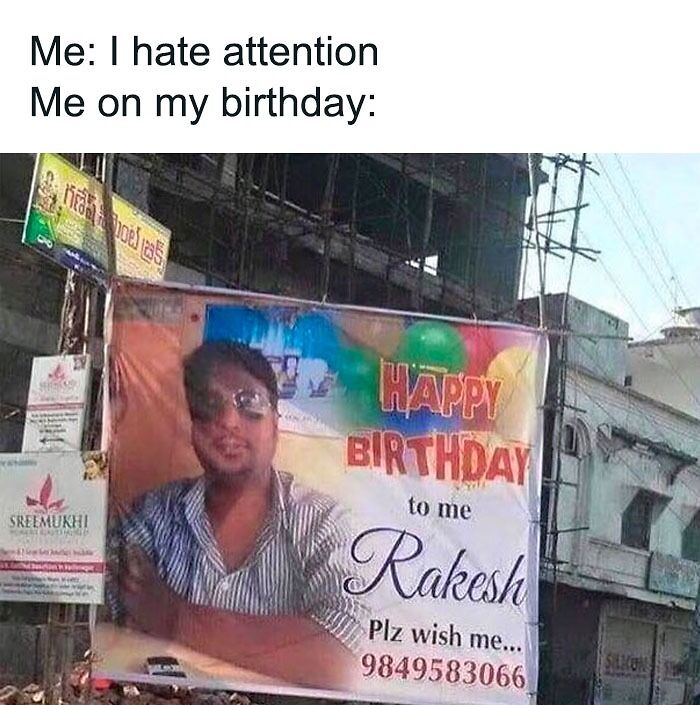 Funny happy birthday meme with a large public banner featuring a person celebrating their birthday with balloons and signs.