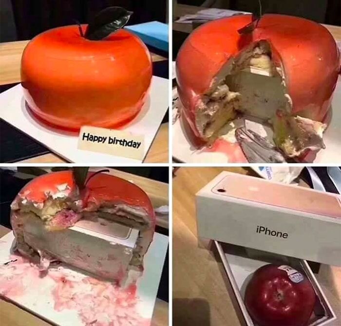 Funny happy birthday meme showing a cake shaped like an apple, hiding an iPhone inside.