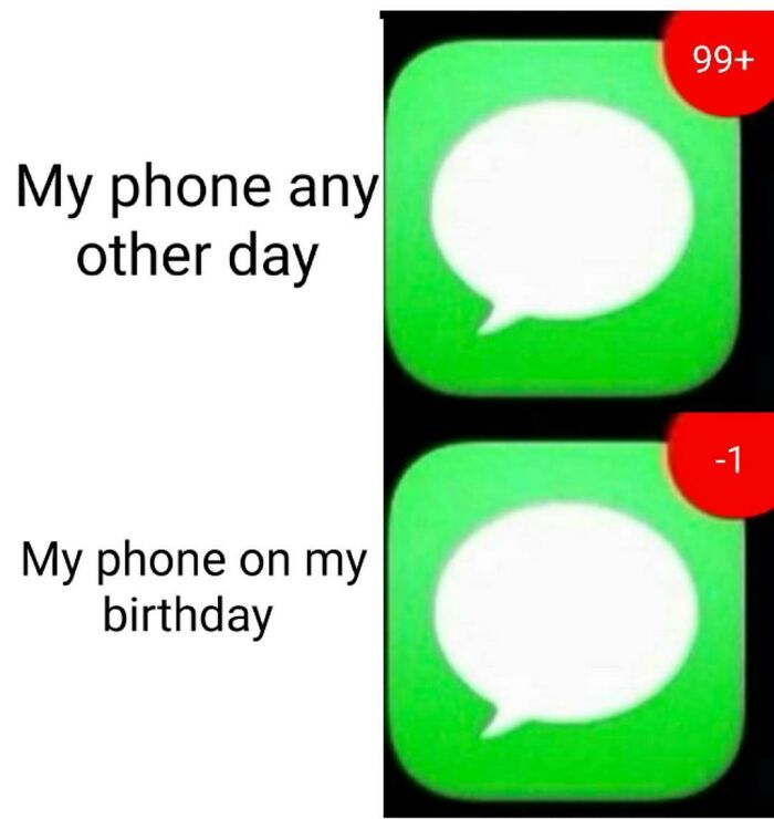 Funny birthday meme showing message notification differences on a phone.