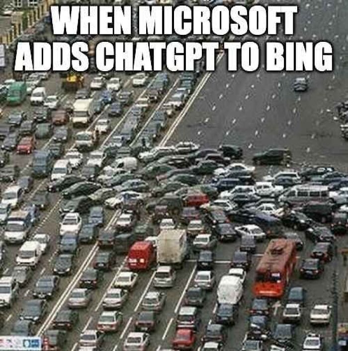 Traffic jam meme humorously depicting ChatGPT integration into Bing.