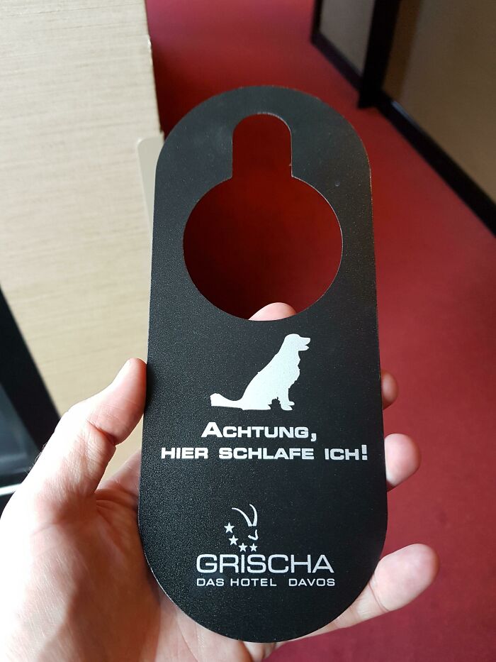 This Hotel Allows Dogs And You Can Alert The Cleaners That You Left Your Dog In The Room While You Ski [translation: Attention, I Am Sleeping Here!]