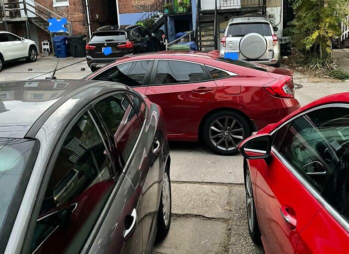 Neighbor's Friend Decided Last Night That This Apparently Was The Best Place To Park, Making Both My Significant Other And Me Late For Work