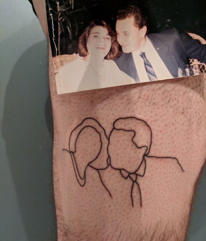 Minimalist family memorial tattoo inspired by a photograph of a couple.