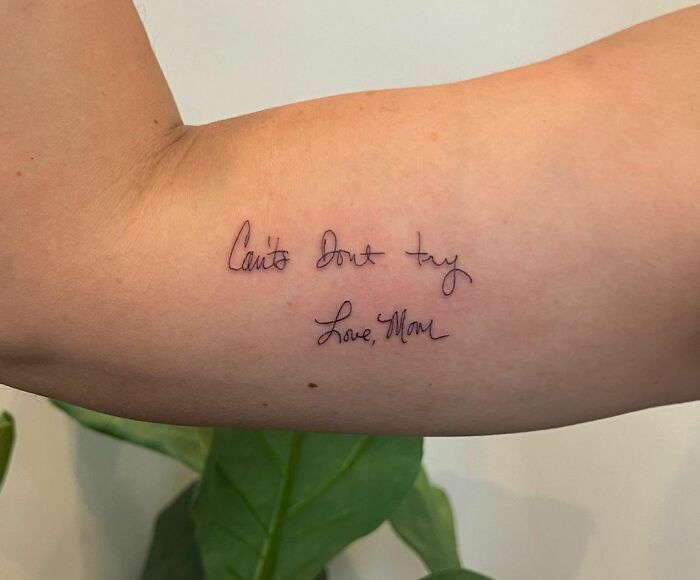 Tattoo with handwritten message on arm honoring family.