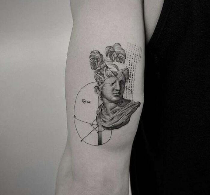 Black and gray tattoo of a classical statue with geometric lines, symbolizing unbreakable bonds on an upper arm.