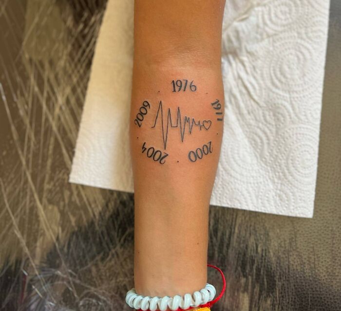 Family tattoo with heartbeat and years 1976, 1971, 2000, signifying unbreakable bonds on inner forearm.