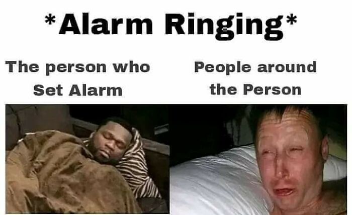 Funny good morning meme with a person sleeping soundly next to an alarm, while another looks startled and tired.