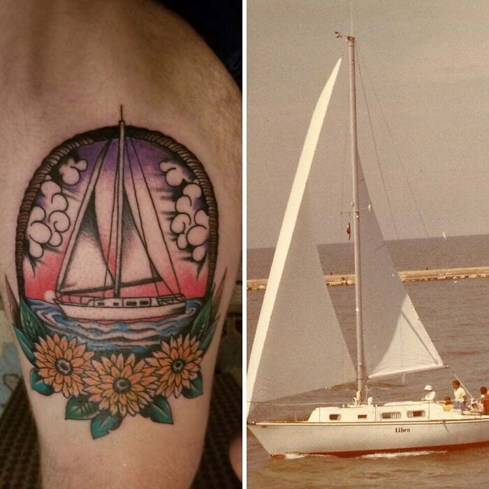 Sailboat family tattoo with flowers symbolizing unbreakable bonds, alongside a vintage sailboat photo.