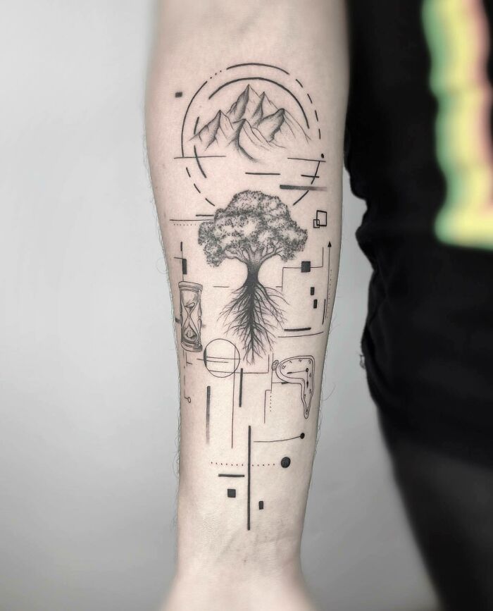 Abstract family tattoo design with a tree, mountains, and geometric elements symbolizing unbreakable bonds.