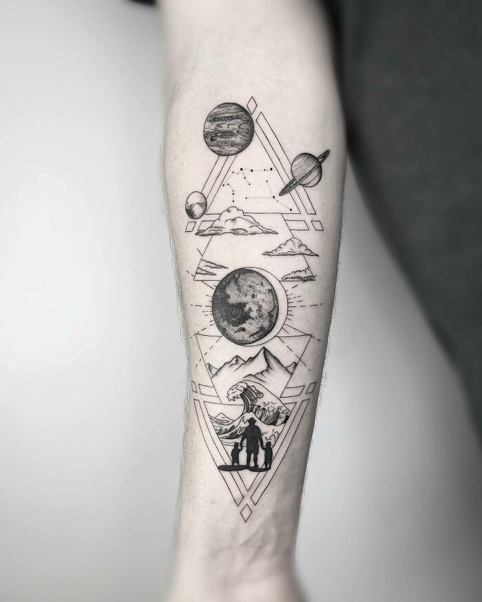 Geometric family tattoo with planets and mountains symbolizing unbreakable bonds on forearm.