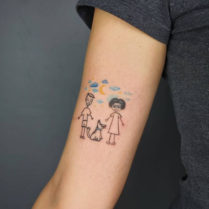 Family tattoo with cartoon figures and a dog, symbolizing unbreakable bonds.