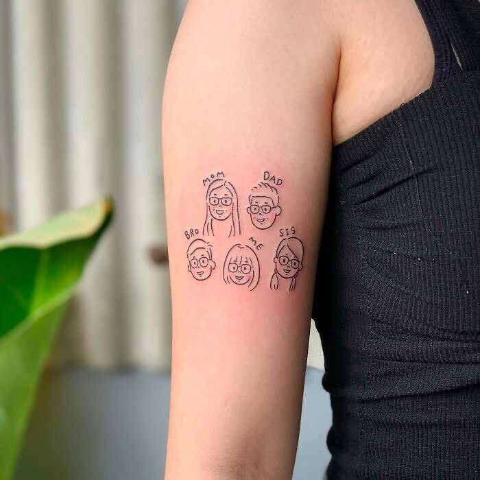 Simple family tattoo on arm showing cartoon faces labeled Mom, Dad, Bro, Sis, Me, symbolizing family bonds.