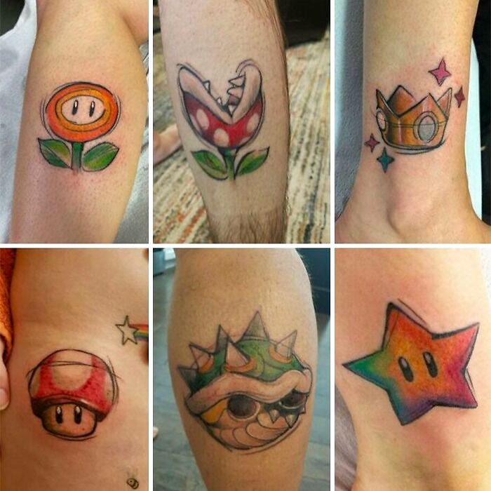Colorful family-themed tattoos featuring gaming symbols on different arms and legs, symbolizing unbreakable bonds.