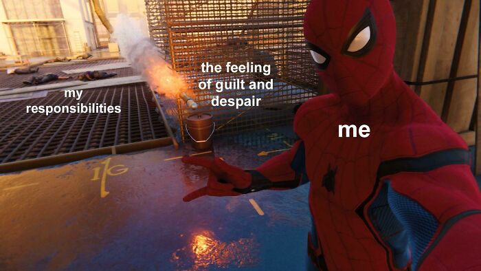 Spiderman meme with text labels: "my responsibilities," "the feeling of guilt and despair," and "me."