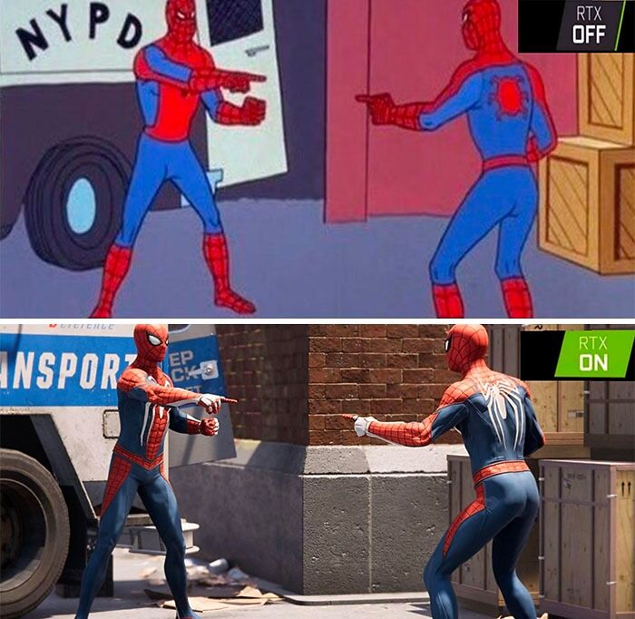 Two Spiderman characters pointing at each other, top cartoon style, bottom realistic, highlighting meme humor.