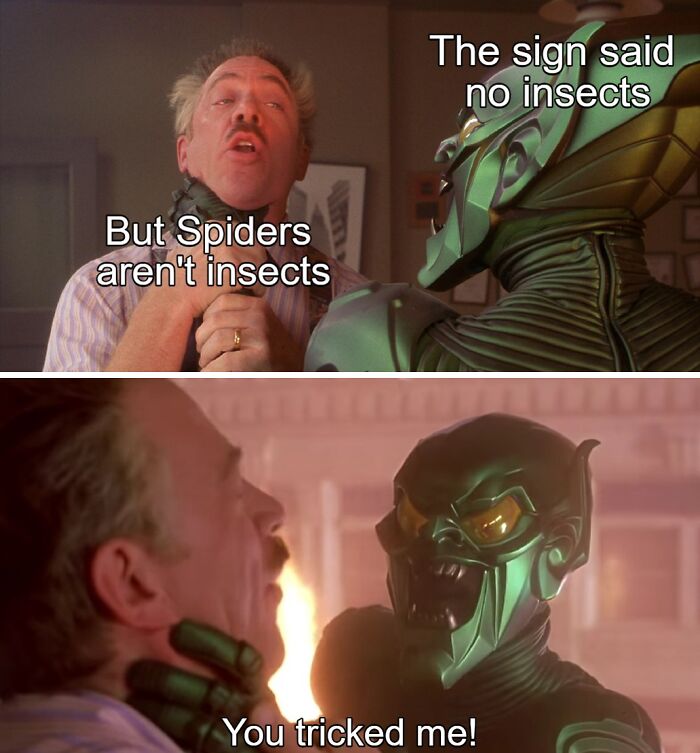 Green suited villain holding a man, referencing spider-related meme humor.