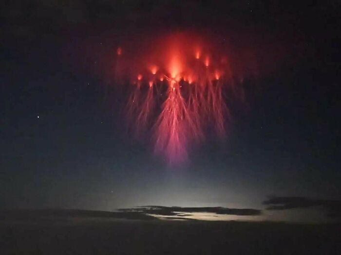 Red Sprites Are Upper Atmospheric Lightning That Can Occur Above Storm Clouds. They Can Be As Large As 50 Square Kilometers