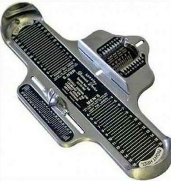 Metal Brannock device used for measuring feet size, a classic tool often recognized by people getting old faster than expected.